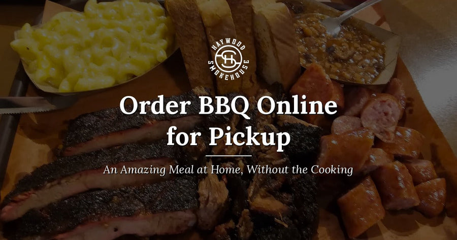 Haywood Smokehouse tray of slow-smoked ribs and sausage with mac & cheese, baked beans, and Texas Toast, ready to order online for pickup.
